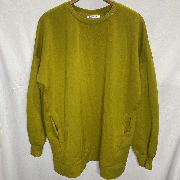Zenana Sweatshirt Tunic Pockets Off Shoulder Seam Womens Size L Green - Picture 1 of 7